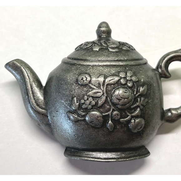 Vintage Pewter Teapot Floral  Brooch Pin 2.5" Across Silver Tone - Picture 4 of 5